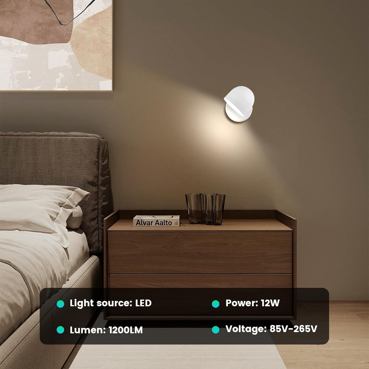 Lampada Da Parete Interno Con Spina, LED 9W Applique Da Parete Touch Control Dimmerabile, Girevole a 350° Lampada Da Comodino, 3000K Bianco Caldo Regolabile Luce Lettura per Camera Da Letto,Bianca