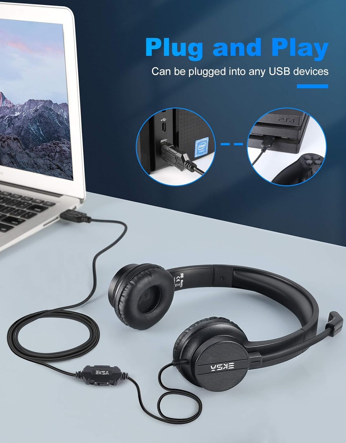 Cuffie Con Microfono per PC, H12E Cuffie PC Con Microfono Stereo per Chiamate Chiare, Cuffie USB per PC Con Microfono a Cancellazione Di Rumore E Controllo Del Volume, per Home Office, USB