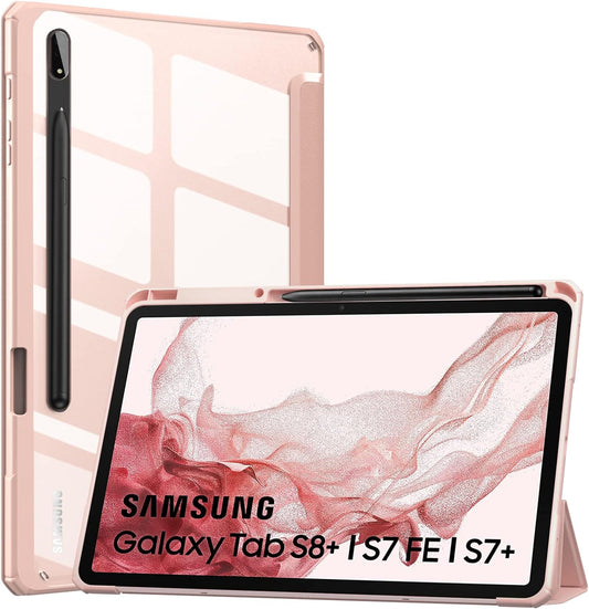 Custodia Compatibile Con Samsung Galaxy S8+ 2022(SM-X800/SM-X806)/S7 Fe 2021/S7 plus 2020 Da 12,4 Pollici Con Portapenna, Cover in TPU + Retro in Policarbonato, Auto Sveglia/Sonno, Oro Rosa