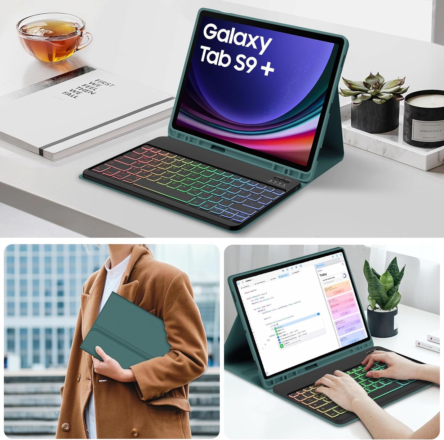 Tastiera Retroilluminata per Samsung Galaxy Tab S9+/S9 plus 12,4" 2023, Tastiera Retroilluminata Rimovibile Con Custodia per Galaxy Tab S9+ 12,4 Pollici 2023 (SM-X810/X816/X818), Verde Scuro