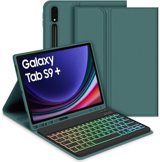 Tastiera Retroilluminata per Samsung Galaxy Tab S9+/S9 plus 12,4" 2023, Tastiera Retroilluminata Rimovibile Con Custodia per Galaxy Tab S9+ 12,4 Pollici 2023 (SM-X810/X816/X818), Verde Scuro