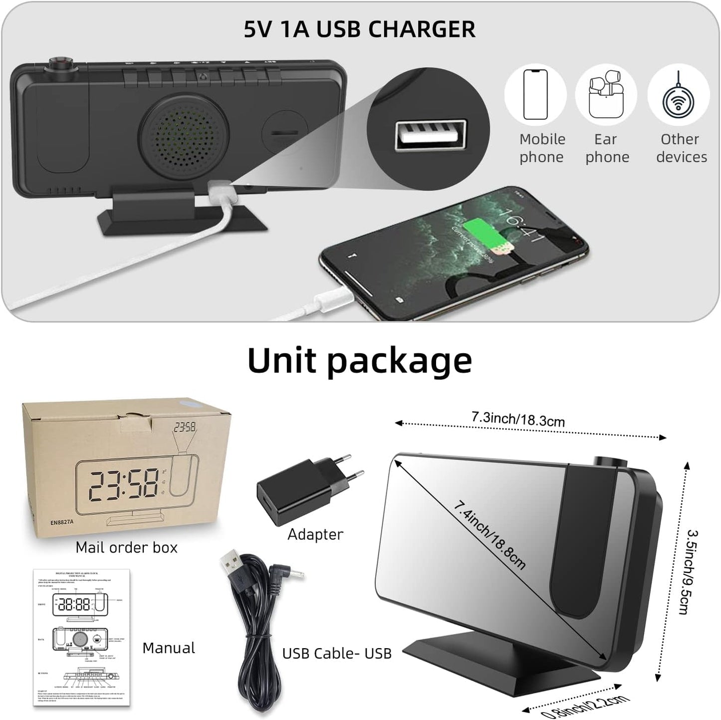 Sveglia Con Proiettore, Schermo a LED a Specchio Da 7.5", 4 Luminosità, Doppio Allarme Con Porta USB, Sveglia Digitale Con Proiettore Ultra Trasparente (Nero Con Adattatore)