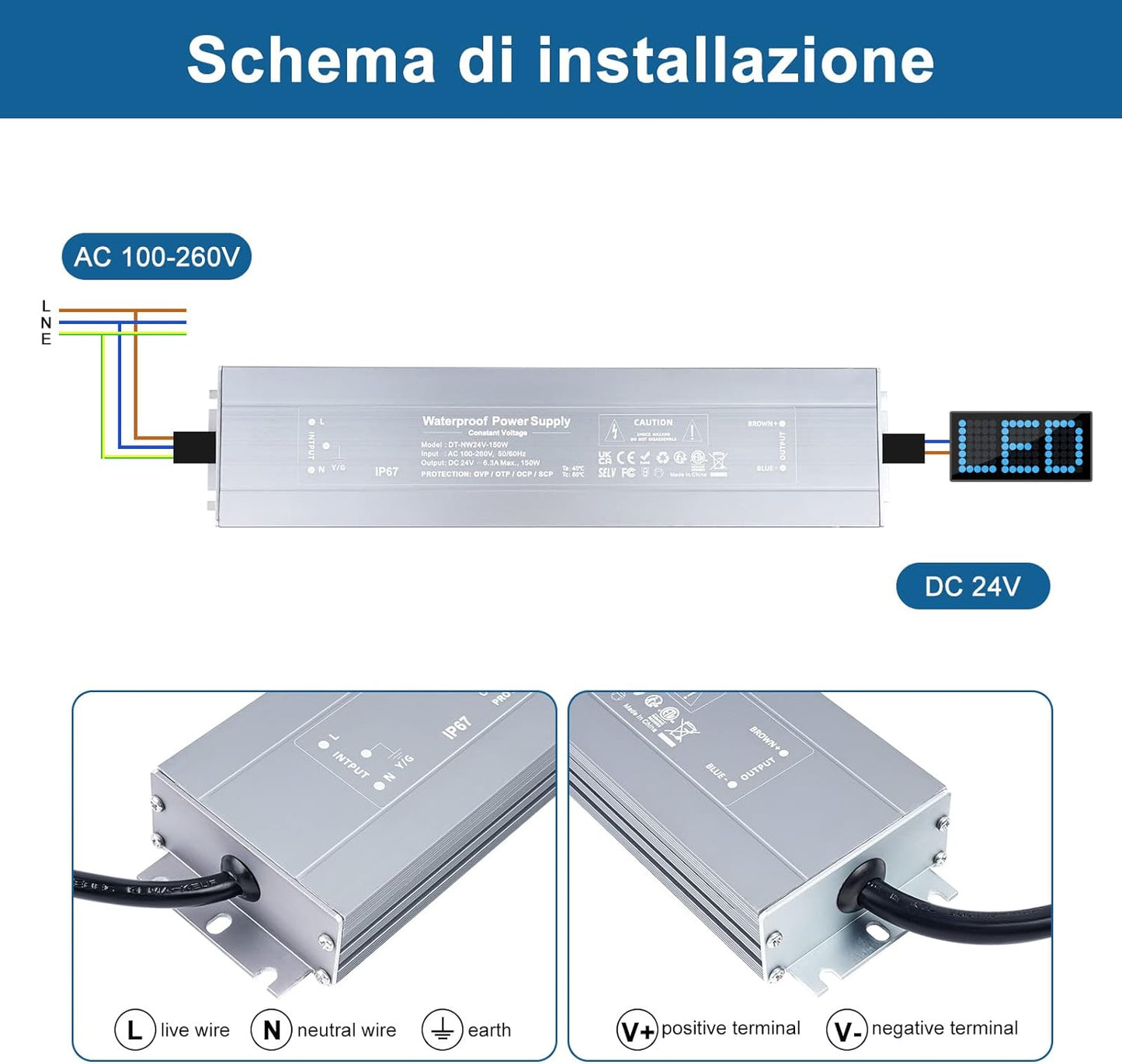IP67 Impermeabile Trasformatore LED 24V 150W Alimentatore LED 6.25A, Trasformatori 220V a 24V DC Slim Tensione Costante Switching Driver LED, per Striscia LED Lampadine LED G4 GU5.3 MR11 MR16