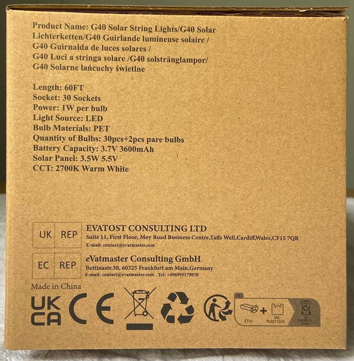 Catena Luminosa Esterno Solare, 18M Luci Stringa Da Esterno Con 30+2 Lampadine LED G40 Bianco Caldo 4 Modalità, Impermeabile IP65 Luci Natale Solare Esterno per Patio, Jardin, Balcon, Fête