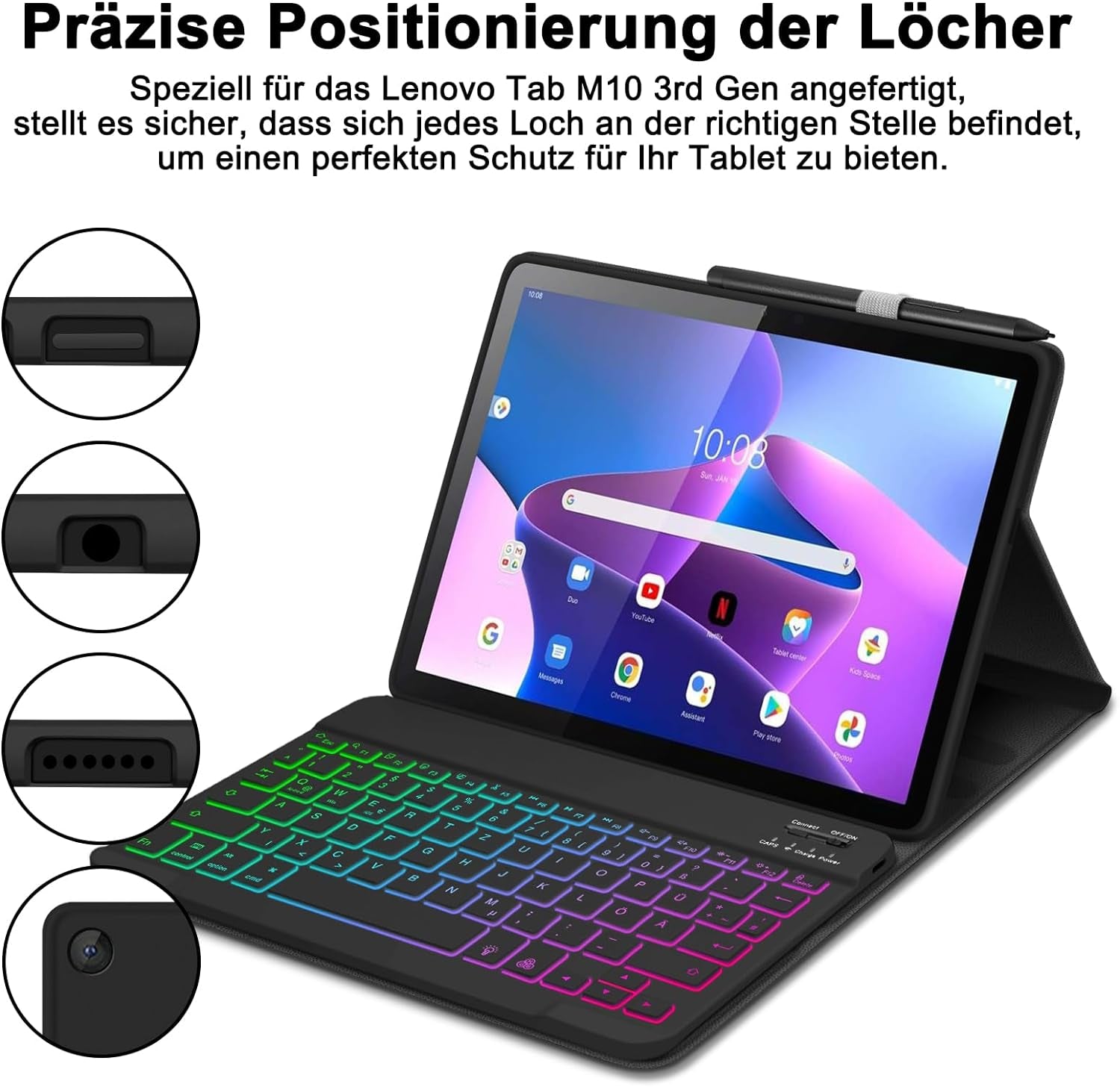 Custodia per Tastiera Lenovo Tab M10 plus 3Rd Gen 10,6", Layout QWERTZ, Tastiera Magnetica Illuminata Con Custodia per Lenovo Tab M10 plus 3Rd Gen 10,6 Pollici, 2022 TB-125FU/128FU/128XU,