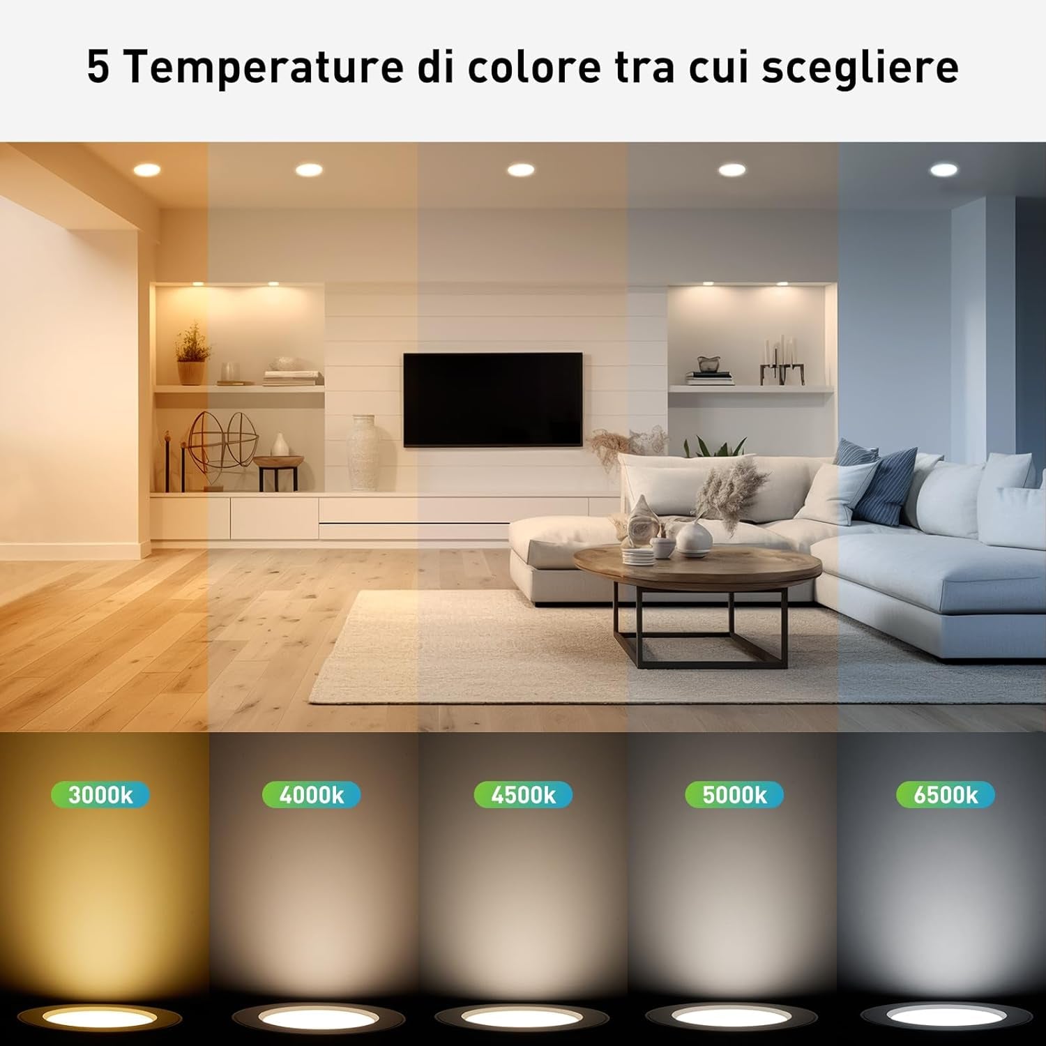 5X Faretti LED Da Incasso 7W 230V 630 Lumen, Dimmerabile Spot LED Incasso 5 Temperature Selezionabili, IP54 LED Downlights per Bagno Camera Da Letto Soggiorno