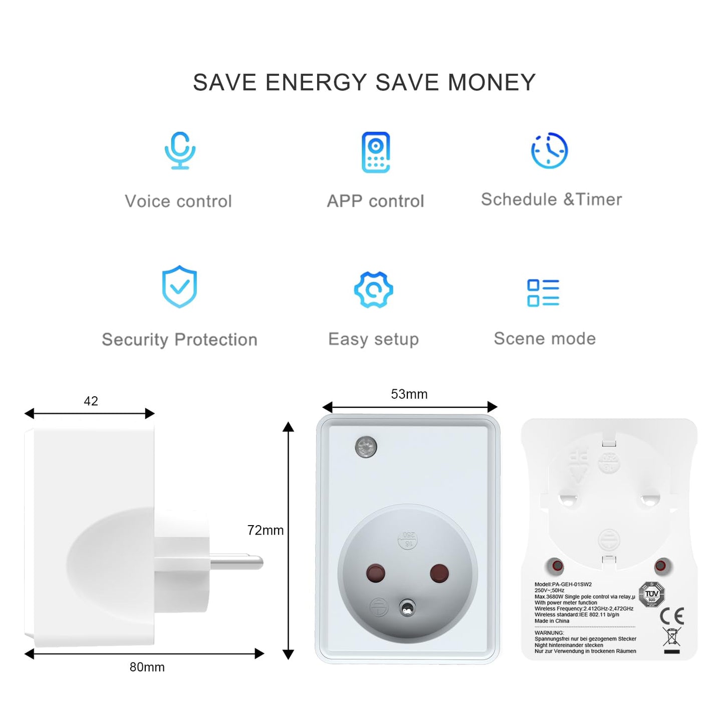 Presa Intelligente WLAN Con Misurazione Della Corrente, Funziona Con Alexa, Google Home, Smart Life APP 16A 3680W Grigio E Bianco, Confezione Da 2