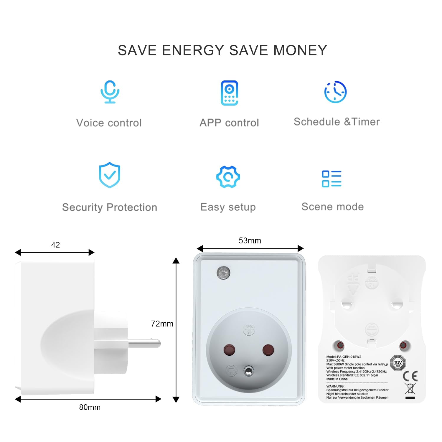 Presa Intelligente WLAN Con Misurazione Della Corrente, Funziona Con Alexa, Google Home, Smart Life APP 16A 3680W Grigio E Bianco, Confezione Da 2