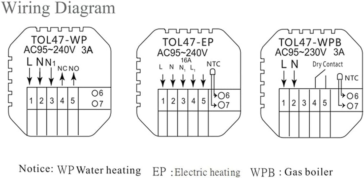 Termostato per Riscaldamento Termostato Ambiente Programmabile Termostato Digitale a Parete per Riscaldamento Acqua Riscaldamento a Pavimento 3A TOL47WP