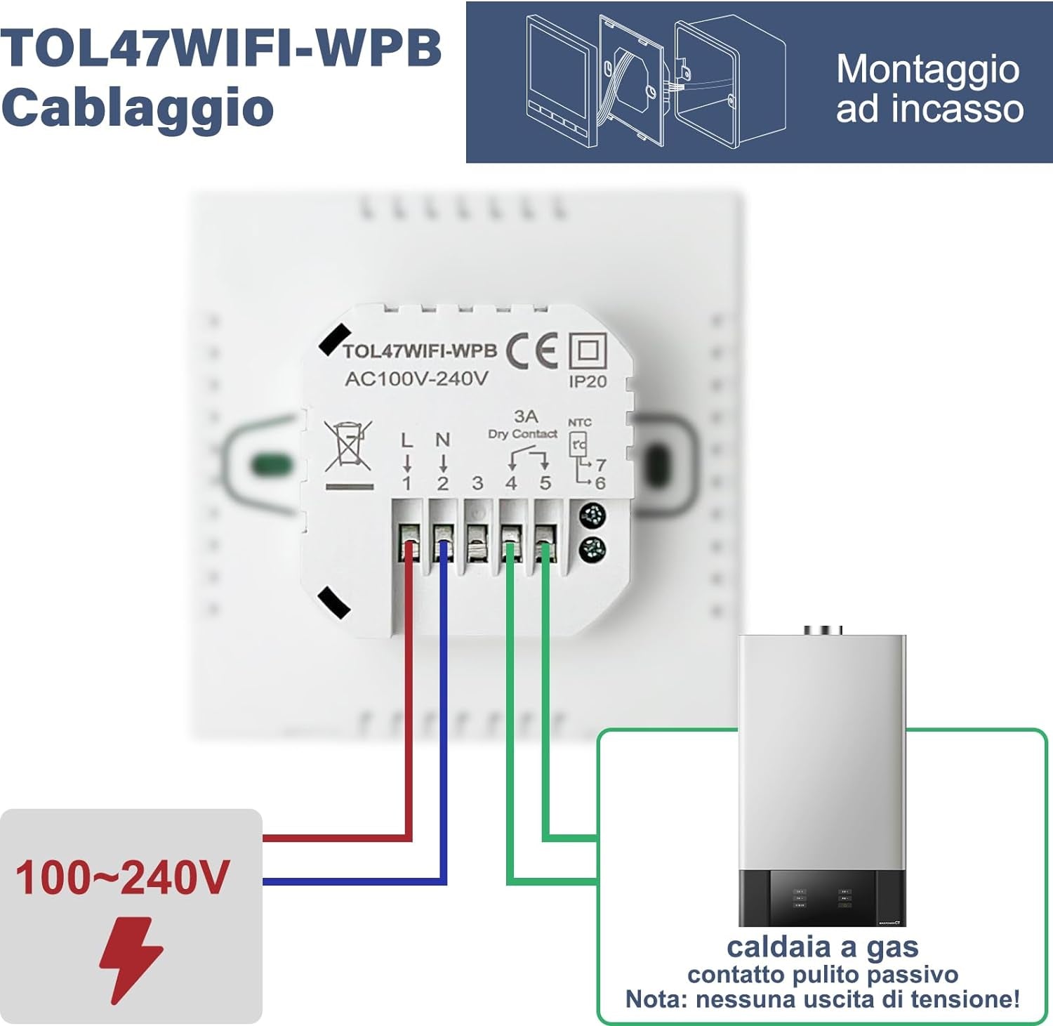 Termostato per Caldaia Wifi Programmabile Intelligente,Termostato Da Incasso Wireless per Pavimenti Riscaldati a Gas/Acqua,Compatibile Con Alexa E Google.3A TOL47WIF