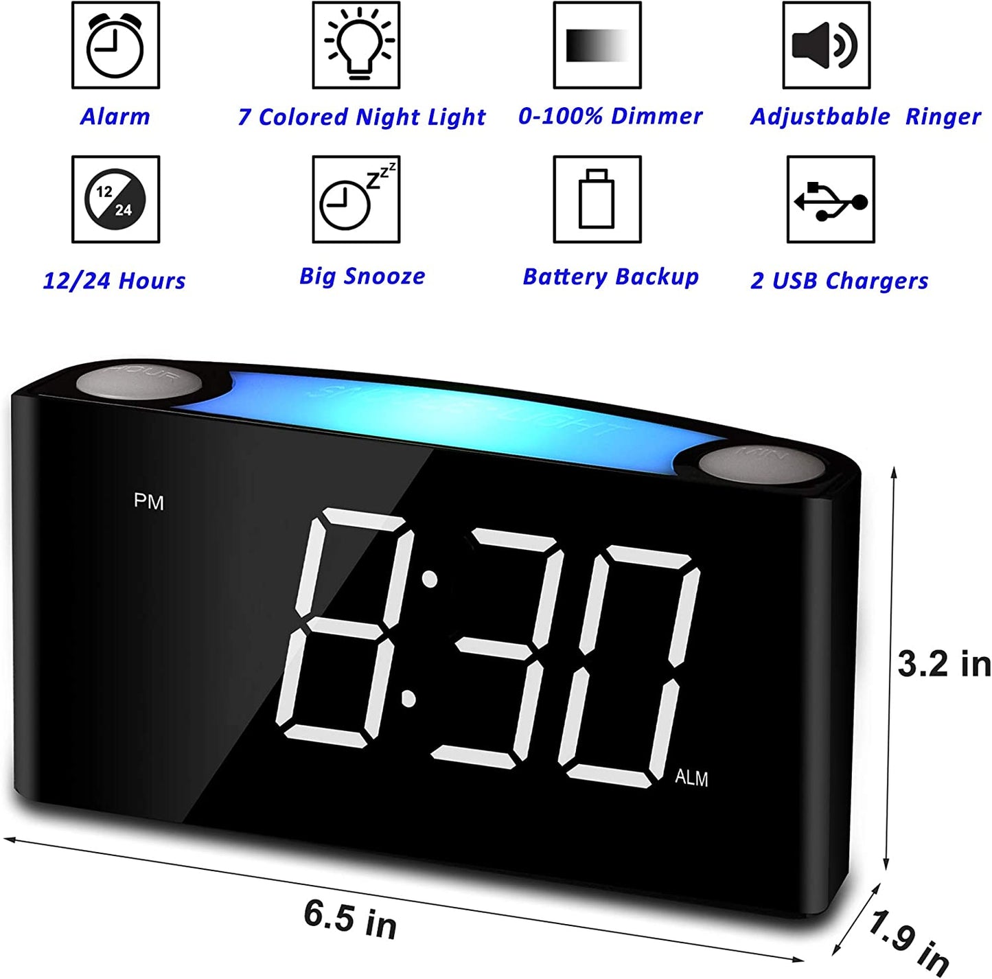 Sveglia Da Comodino Con Luci Notturne,7” Pollici Schermo LED Luminosità E Dimmer, 2 Porta Caricatore Usb,Grande Snooze,Batteria-Backup,Sveglia Forte per Ufficio,Scrivania,Traversine Pesanti,Bambini