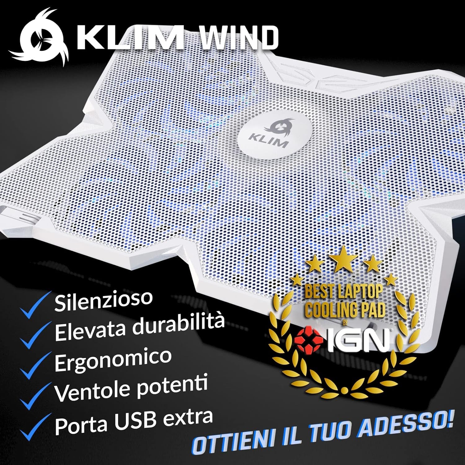 Wind - Base Di Raffreddamento PC Portatile + Più Di 500 000 Unità Vendute + NUOVA 2024 + Il Più Potente Supporto PC Portatile + Azione Rapida 1200 RPM + Gaming Laptop PS5 Et PS4 + Bianca