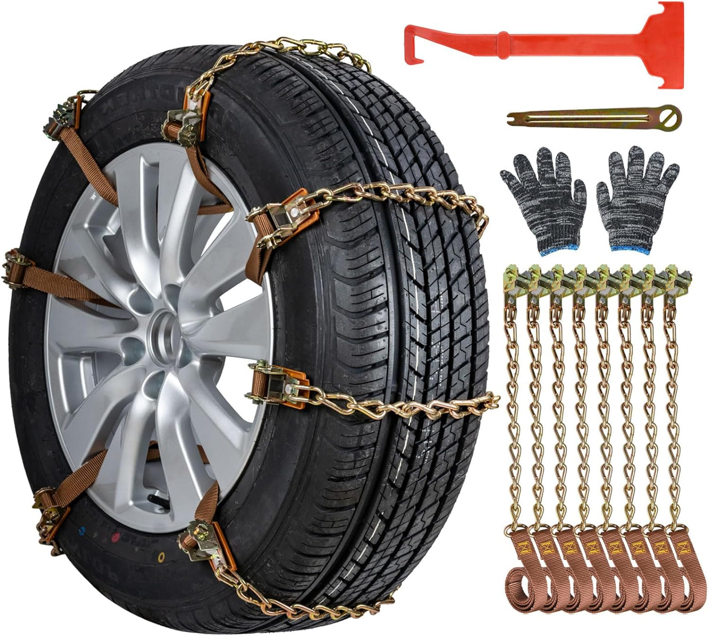 Catene Da Neve 8 Pezzi Catene Regolabili Antiscivolo Con Pala Da Neve in Plastica E Guanti Facile Da Installare Catena Da Neve Durevole per Auto, Camion, SUV Carreggiata Strade Innevate