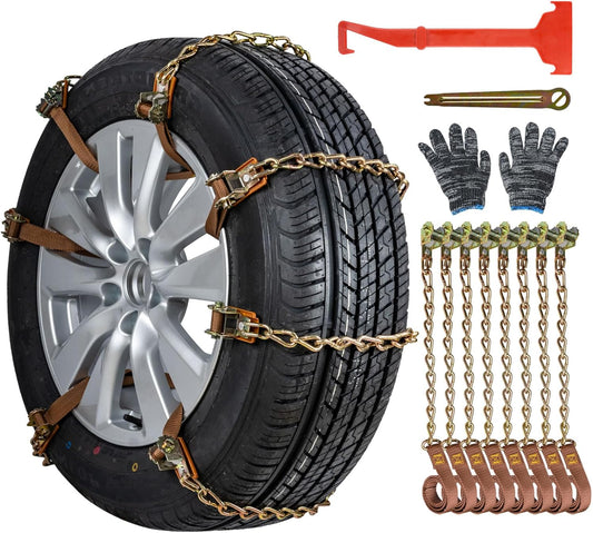 Catene Da Neve 8 Pezzi Catene Regolabili Antiscivolo Con Pala Da Neve in Plastica E Guanti Facile Da Installare Catena Da Neve Durevole per Auto, Camion, SUV Carreggiata Strade Innevate