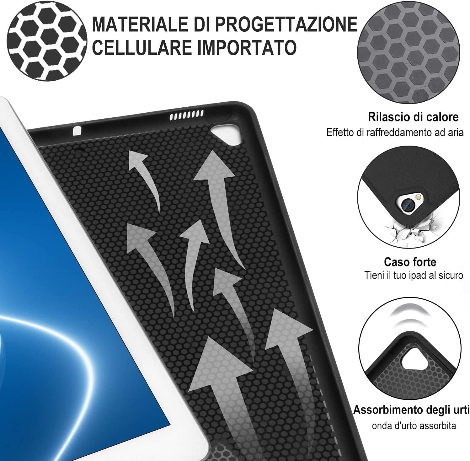 Custodia Con Tastiera Italiano per Ipad 10,2" 9A/8A/7A Generazione, Ipad 10,2" 2021/2020/2019/Ipad Air 3/Ipad Pro 10,5", Bluetooth Wireless Staccabile Magnetica, Nero