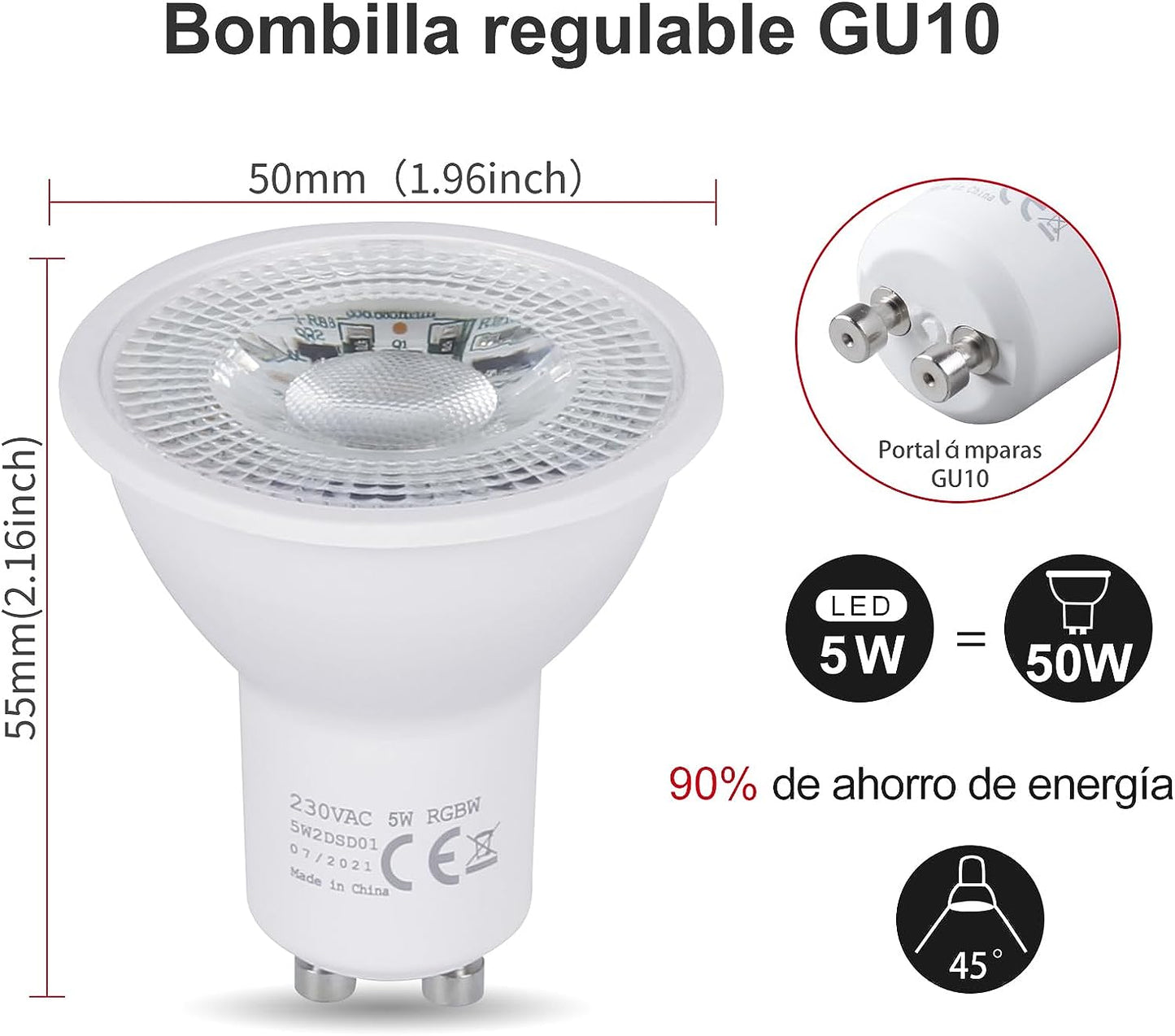 4 Confezione Lampadina GU10 LED Fredda, Dimmerabile 6W RGB 6000K Faretti, Lampadina Cambia Colore Con Telecomando，Equivalente a 50W,12 Colori 5 Modalità, per Camere Da Letto, Feste Faretto