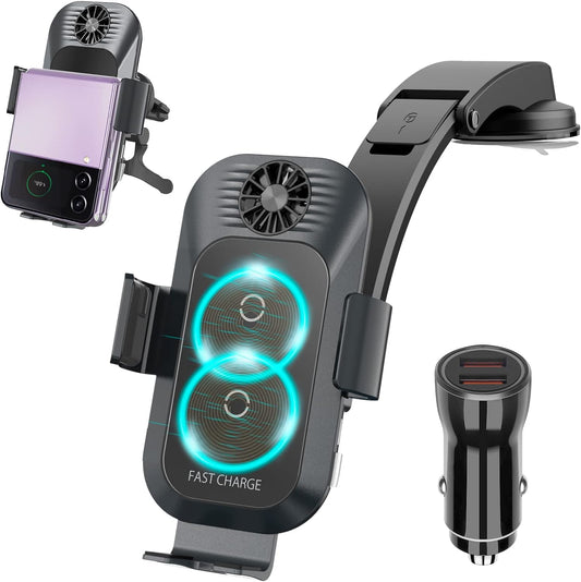 Doppia Bobina Caricatore Auto Wireless 15W Qi Caricabatteria Da Auto Induzione Adattatore Caricabatterie Veloce Telefoni QC 3.0 per Samsung Galaxy Z Flip 4/3/2 Iphone 14/13 Huawei Google Nero