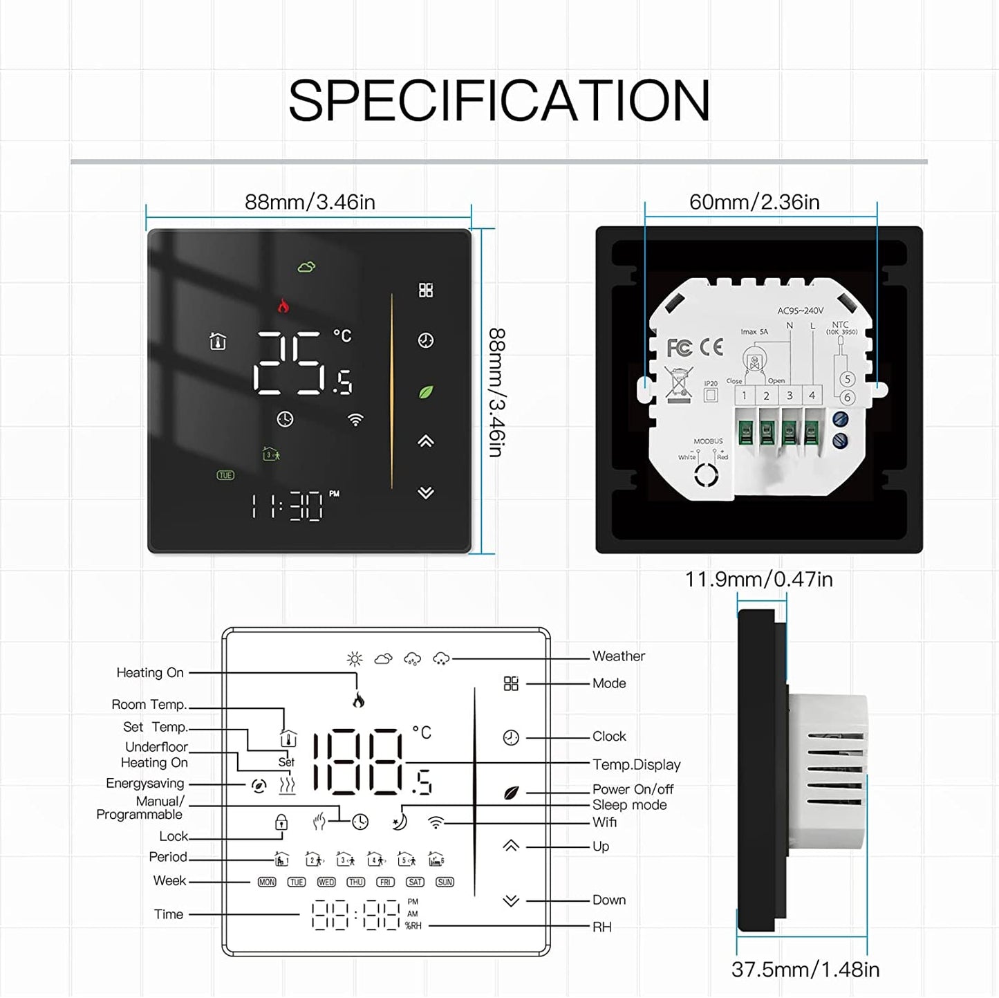 Termostato Wifi Regolatore Di Temperatura Ambiente Programmabile per Caldaia a Gas Temperatura Umidità Tuya/Smart Life APP Controllo Wireless Alexa/Google Home