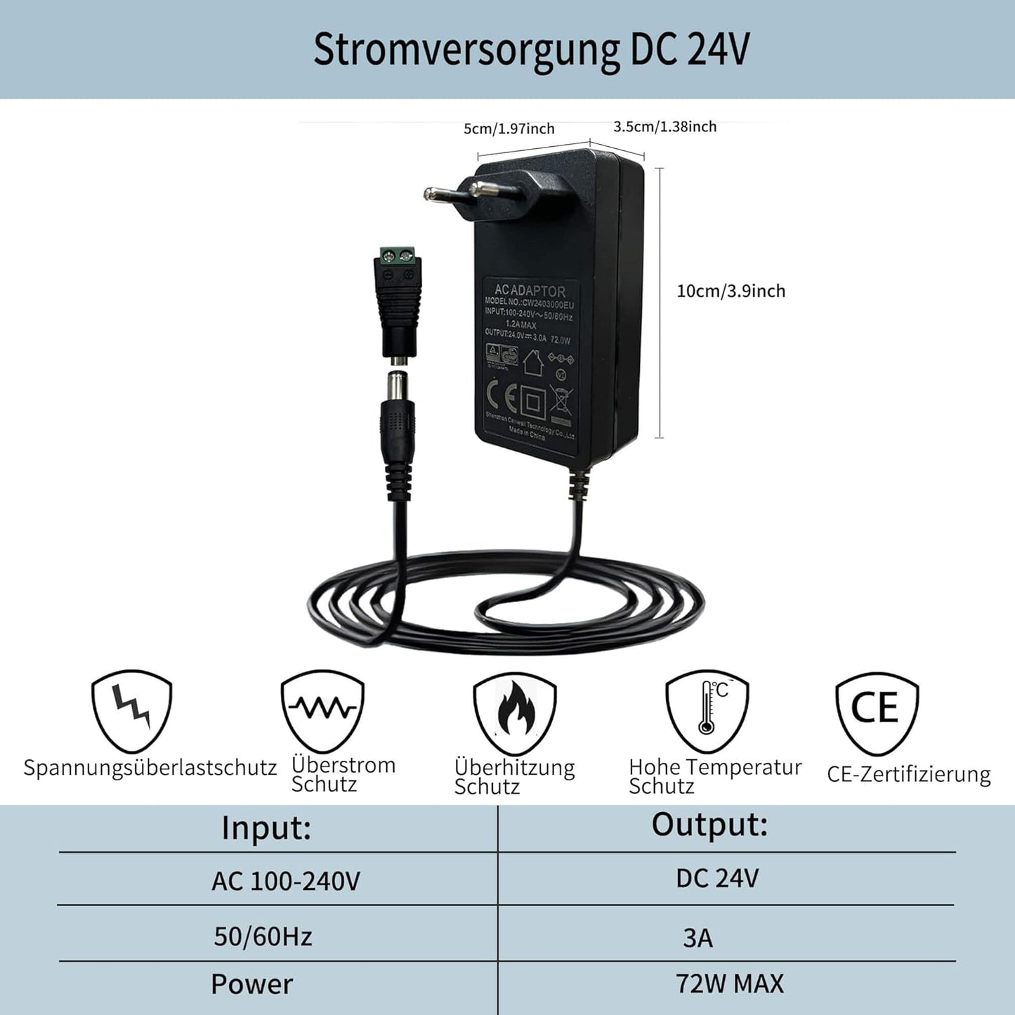 Adattatore Di Alimentazione Da 24V, 3A, DC24 Volt, 3000 Ma, 72W, Convertitore Da AC a DC, Trasformatore Da 100 a 240V, Spina UE per Strisce LED Da 24V, Driver LED