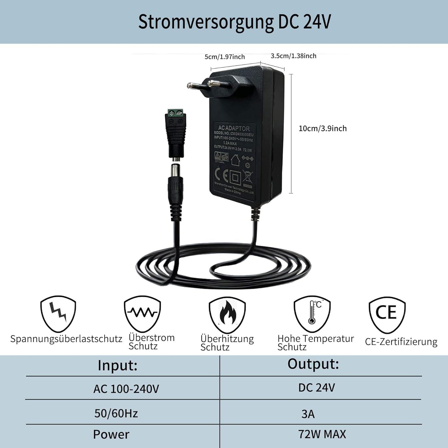 Adattatore Di Alimentazione Da 24V, 3A, DC24 Volt, 3000 Ma, 72W, Convertitore Da AC a DC, Trasformatore Da 100 a 240V, Spina UE per Strisce LED Da 24V, Driver LED