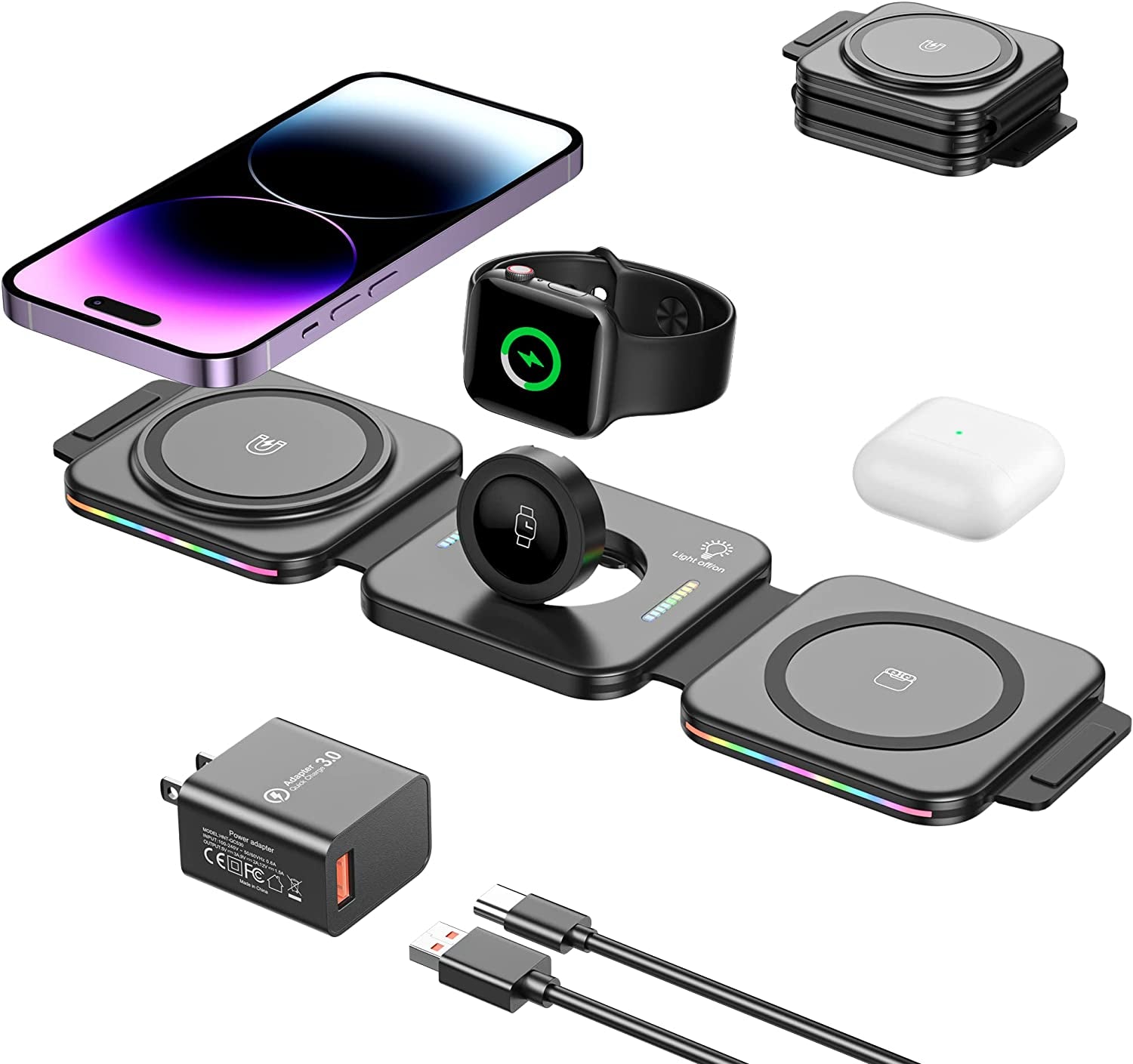 Stazione Di Ricarica Magnetica Senza Fili 3 in 1, Caricatore Mag-Safe, Pieghevole Portatile Pad Di Ricarica Wireless per Iphone 15/14/13/12/11/Xr/Xs/8,Samsung S22/21/20 Iwatch Airpods (Nero)