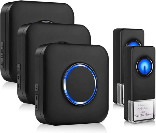 Campanello Senza Fili,  Campanello Wireless Impermeabile, 2 Trasmettitore E 3 Ricevitore Con 58 Melodie a Scelta 5 Livelli Di Volume E Flash LED (Nero)