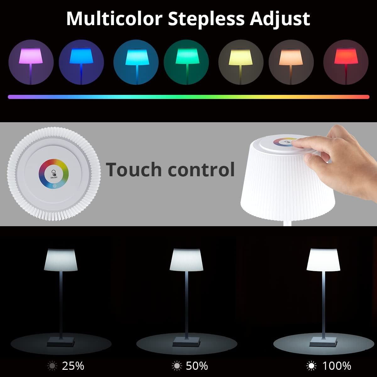 Lampada Da Tavolo LED Ricaricabile Senza Fili, RGB Lampada Touch Sense Dimmerabile 8 Colori per Camera, Ufficio, Bar, Ristoranti