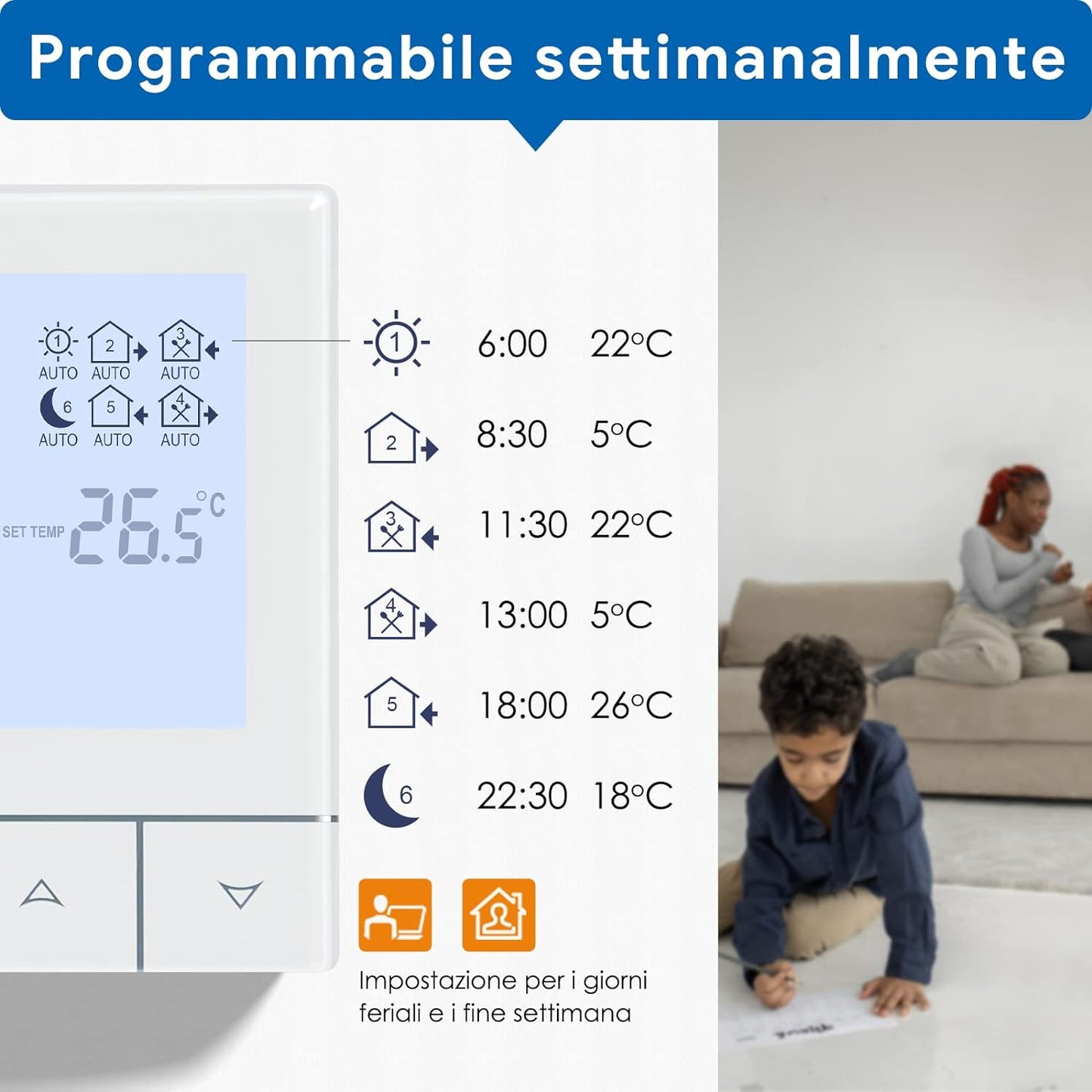 Termostato Ambiente Intelligente,Lcd Touchscreen Digitale Termostati Programmabile Settimanale per Riscaldamento a Pavimento Elettrico 16A TDS75-EP