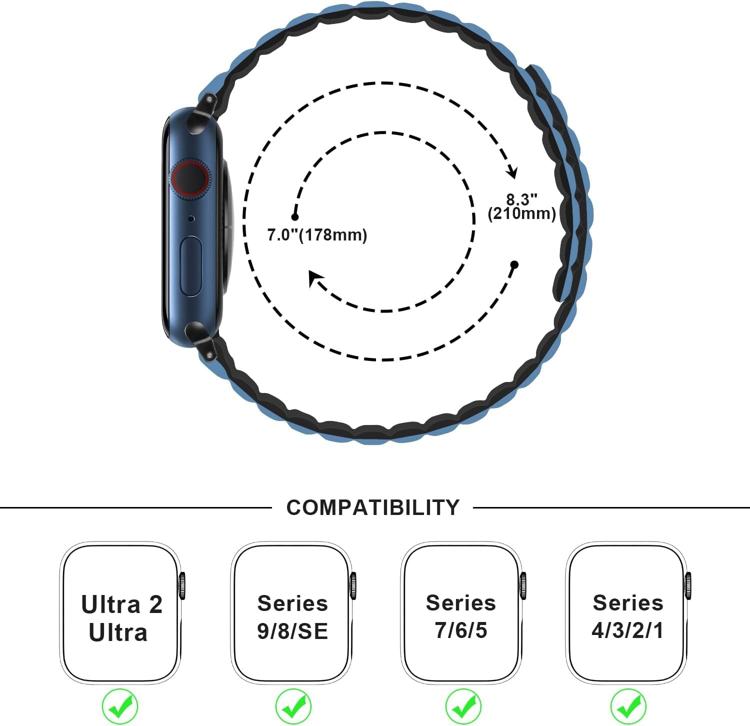 Compatibile Con Cinturino Apple Watch 45Mm 44Mm 42Mm 41Mm 40Mm 38Mm, Cinturini Magnetico Reversibile Su Entrambi Lati per Iwatch Ultra 2 Serie 9/8/7/6/5/4/3/SE (42/44/45/49, Nero/Blu)