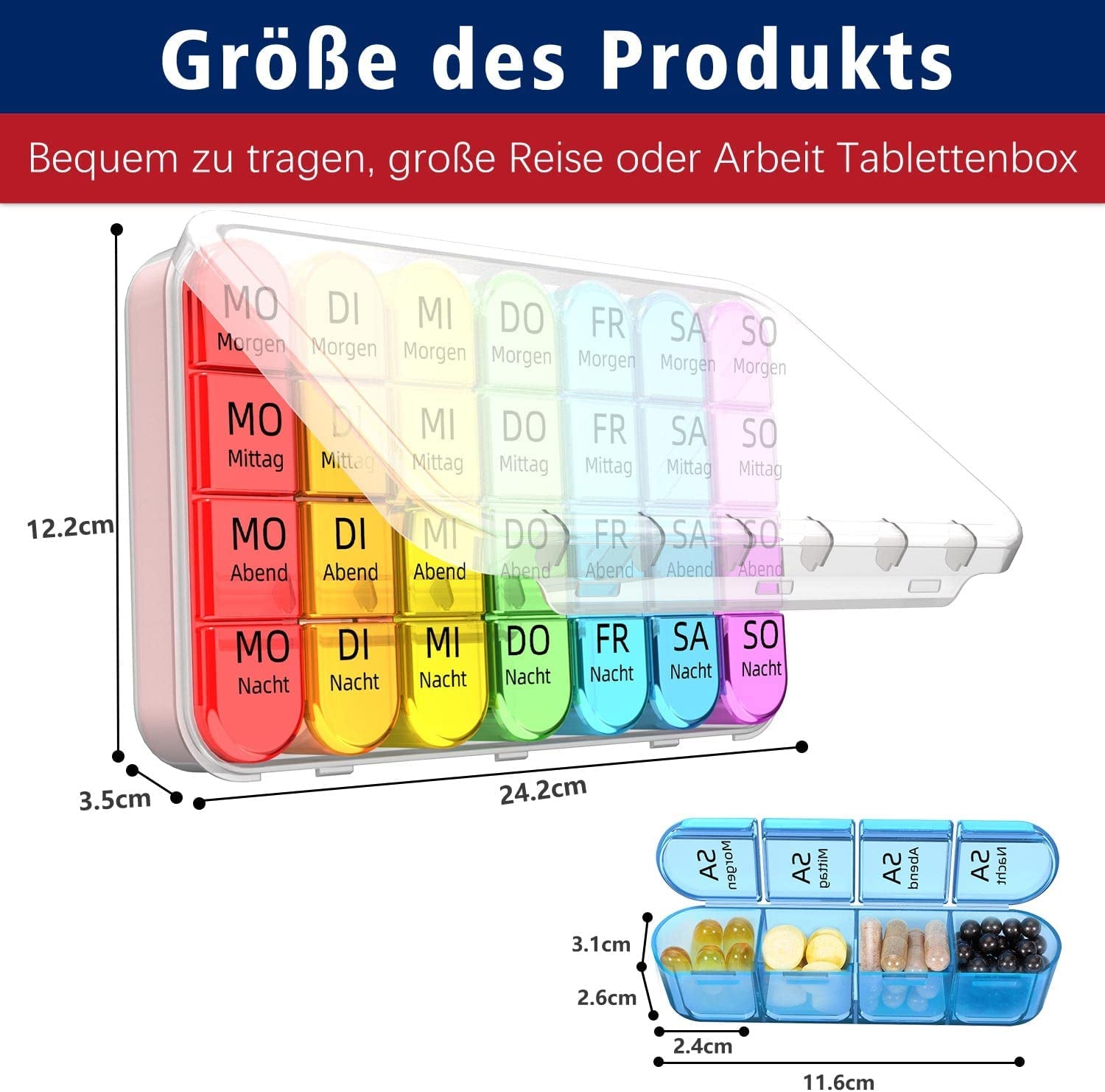 Portapillole 7 Giorni Mattina Mezzogiorno Sera Piccolo Portapillole Grande Scomparto Porta Medicinali 7 Giorni 4 Scomparti Con Design Semplice Aperto per Bambini Anziani E Artritici