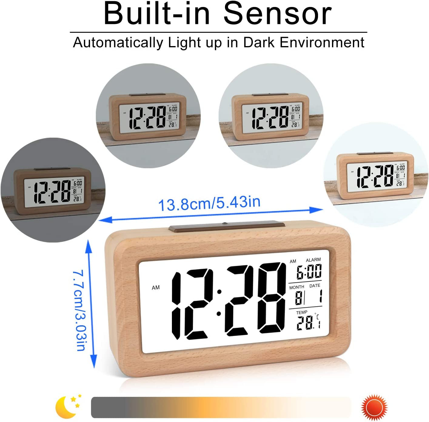 Sveglia Digitale in Legno Facile Da Impostare Con Temperatura, Data, Retroilluminazione, Snooze, per Camera Da Letto, Comodino, Casa, Ufficio, Senza Tick (Marrone Chiaro)