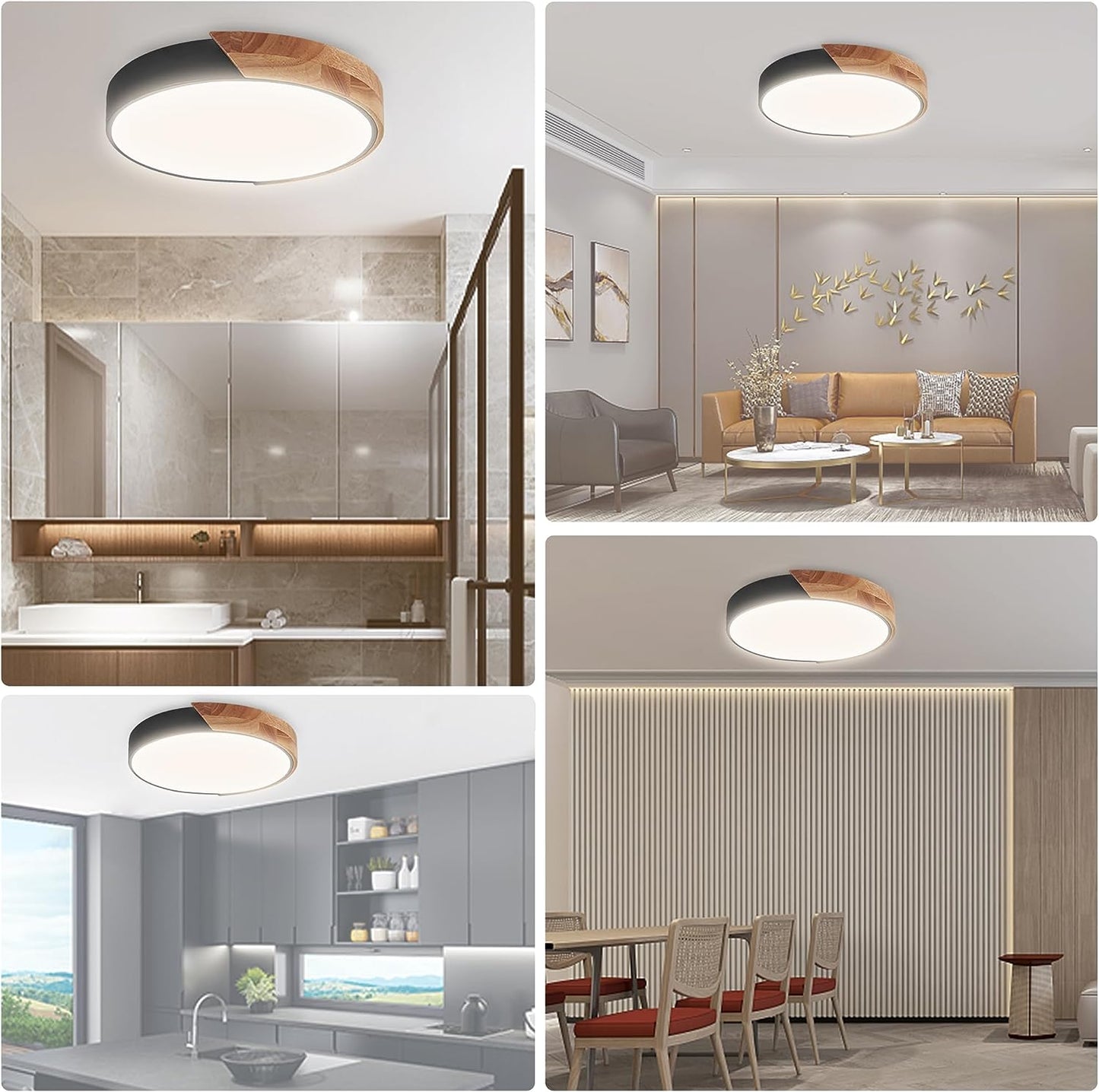 Lampada Da Soffitto, 24W Dimmerabile Led Plafoniera Legno, Regolabile 3000K/4500K/6500K Tramite Interruttore a Muro, 12 Pollici Plafoniera Moderna per Camera Da Letto Corridoio Balcone, Nero