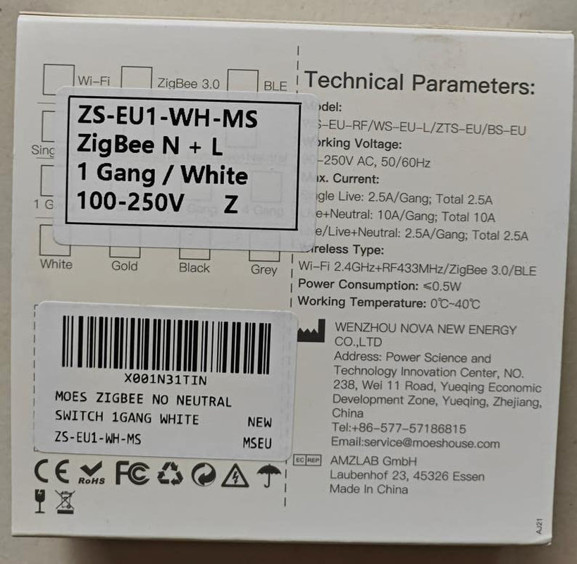 Zigbee Interruttore Intelligente, Richiede Tuya Zigbee HUB, Non Richiede Neutro, Non Richiede Condensatori, Compatibile Con L'App Smart Life Tuya Alexa Google Home, 1 Gang, Bianco