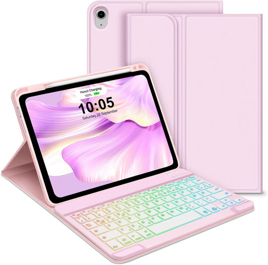 Custodia per Tastiera Ipad Air 4/5A Generazione, Layout QWERTZ, Magnetica, Tastiera Retroilluminata, Con Portapenne, per Ipad Air 4.Gen 2020/Air 5.Gen 2022 10.9 Pollici, Rosa