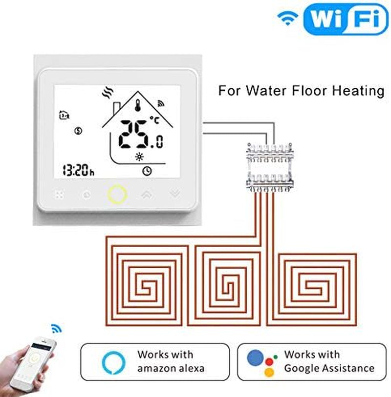 Termostato Wifi Smart per Riscaldamento a Pavimento Ad Acqua, Wifi a 2.4Ghz E Cavo Neutro Richiesti, Thermostat Digitale Schermo Touch Button, Con Alexa Google Home E Smart Life Tuya Telefono APP