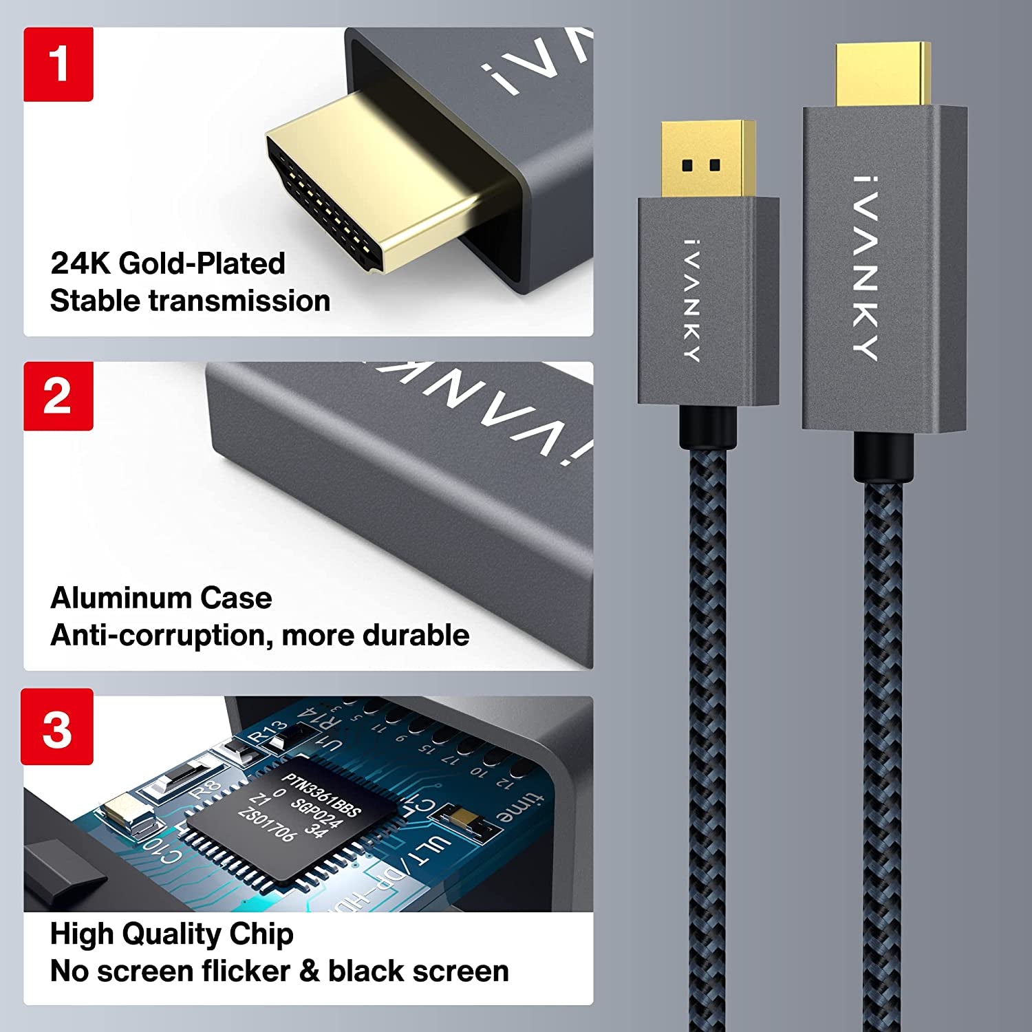 4K Cavo Displayport a HDMI 2M, Risoluzione 4K Ultra HD, Adattatore Display Port a HDMI (Maschino a Maschino) per PC, TV - Gris Y Negro