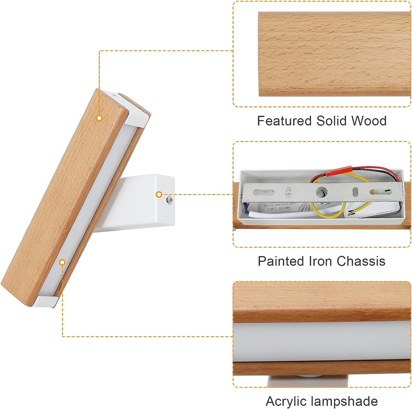 Applique Parete Legno, 4W Applique Da Parete Interno 360° Girevole, 3000K Lampada Da Parete a LED, Lampada a Muro in Alluminio per Soggiorno, Camera Da Letto, Corridoio, Base Bianca (21CM)