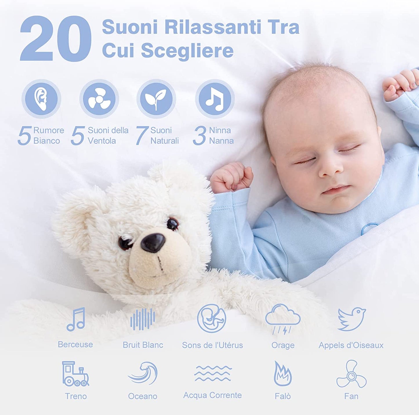 Macchina Rumore Bianco Neonato Portatile:  2 in 1 White Noise Machine Succhietto E Luce Notturna | 20 Suoni Di Ninne Nanne Rilassanti E Suoni Naturali E 3 Impostazioni Del Timer