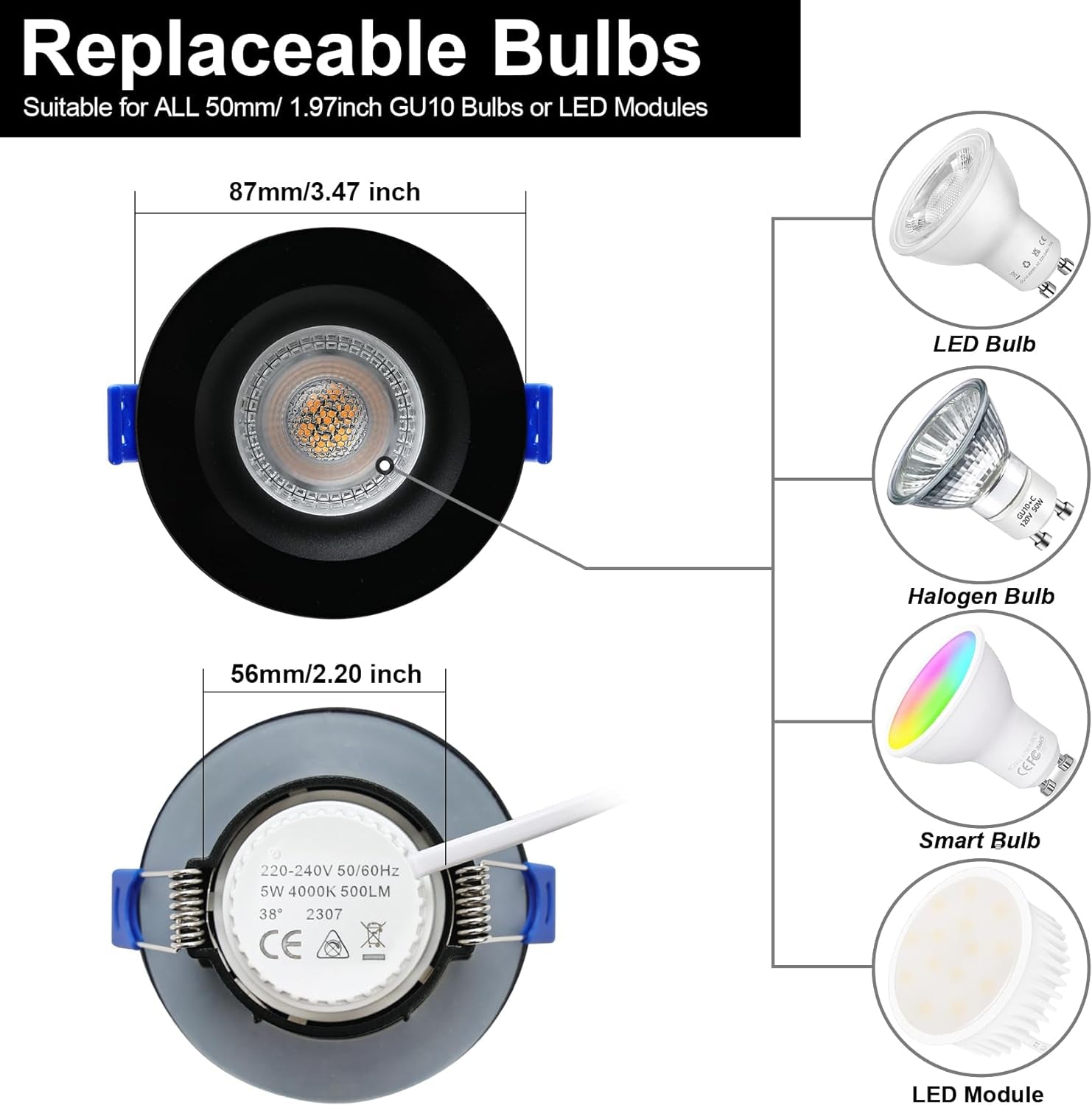 Faretti LED Da Incasso per Mobili,5W 230V 500LM Luci Da Soffitto Interno,Luce Calda 3000K Faretto Led Incasso Bagno IP65, Ø68Mm,Adatto per Bagni Umidi, Interni Vari, Ecc.Nero Set Di 6