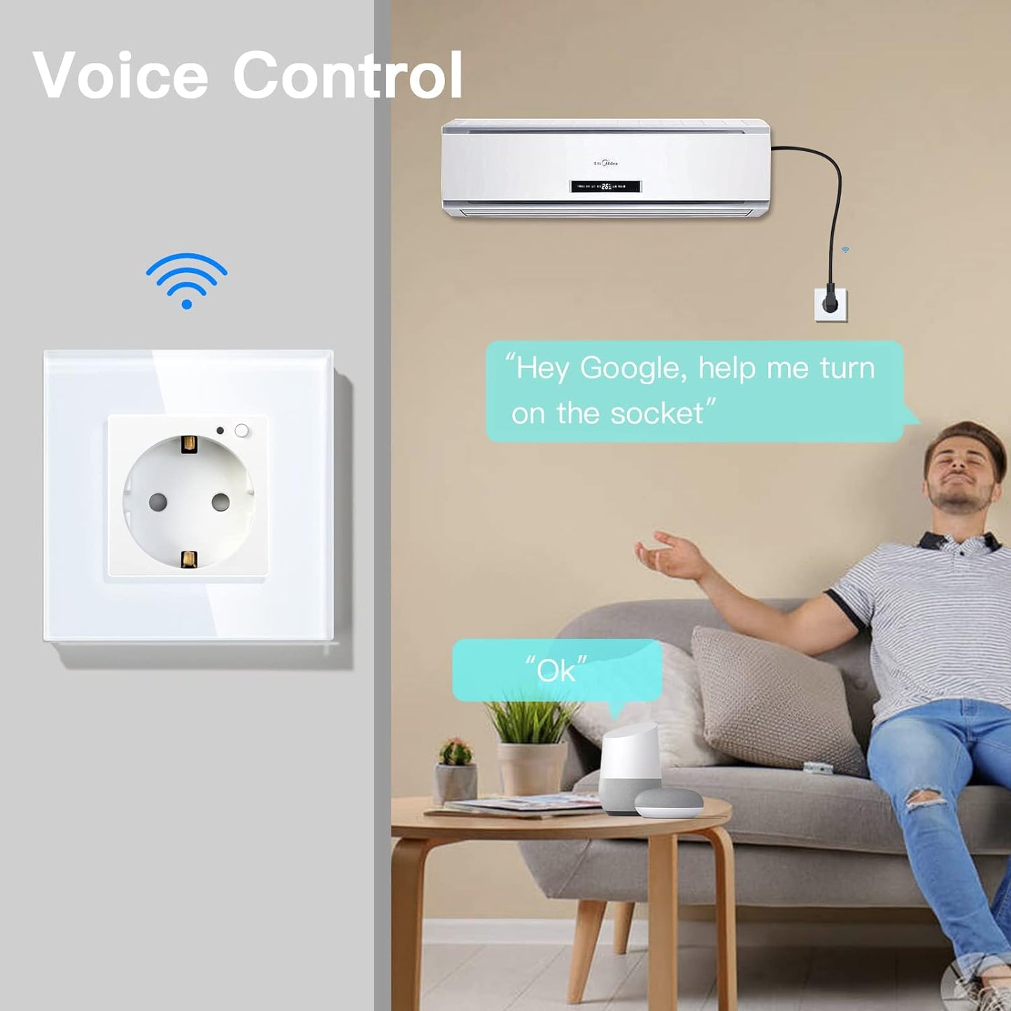 WILD - Interruttore Luminoso Con Presa WIFI Compatibile Con Alexa E Google Home 1/2/3 Velocità 1 Way Interruttore Touch E Presa Smart Eu, Bianco