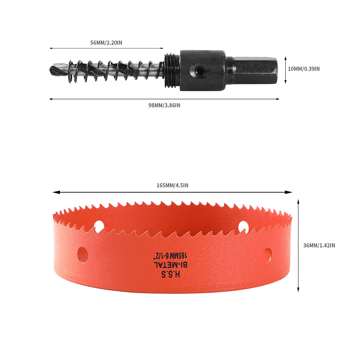 Sega a Tazza Bi-Metallo, 6-1/2", 165 Mm, M42 HSS, Con 1 Gambo E 1 Trapano, per Materiali Da Costruzione a Secco, Legno, Plastica E Metalli, Profondità Di Taglio