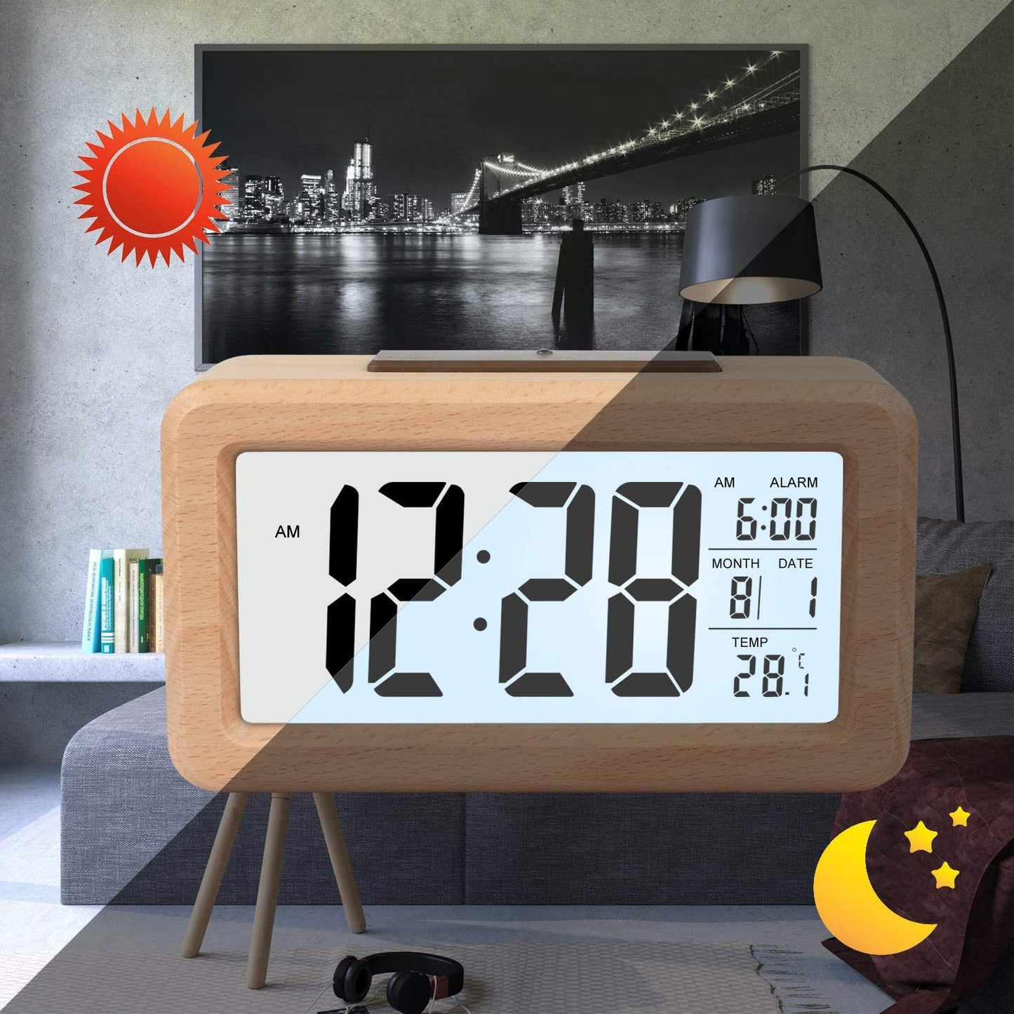 Sveglia Digitale in Legno Facile Da Impostare Con Temperatura, Data, Retroilluminazione, Snooze, per Camera Da Letto, Comodino, Casa, Ufficio, Senza Tick (Marrone Chiaro)