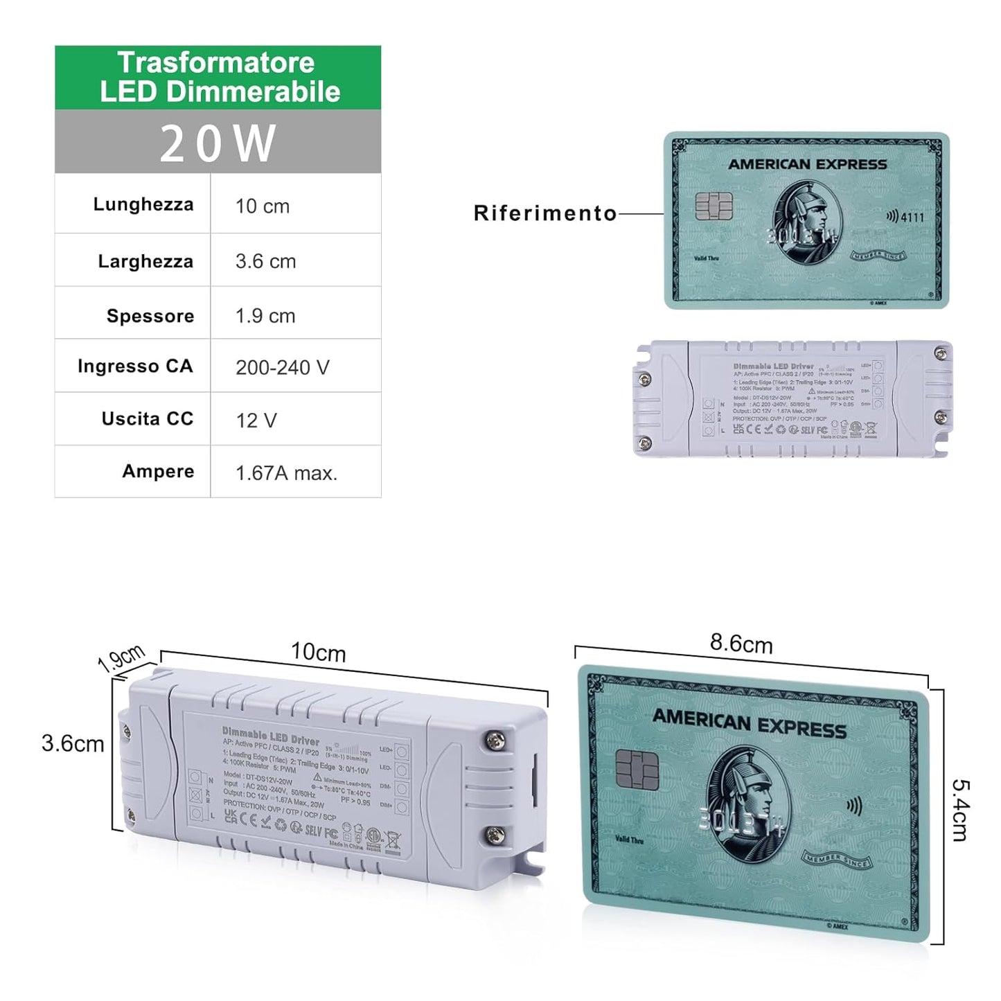 Trasformatore LED 12V 20W Dimmerabile, Triac & 0-10V&1-10V & PWM & Resistenza Da 100K, Alimentatore 12V 1.66A Di Tensione Costante, Driver LED AC 220V to DC Trasformatori Di Bassa Tensione