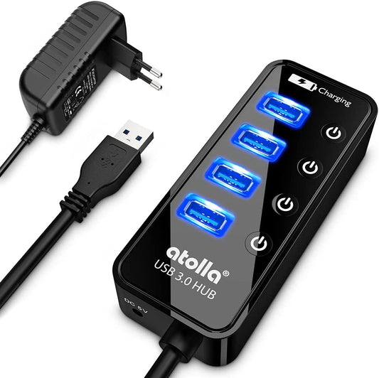 Hub USB Con Alimentatore, Hub USB 3.0 Attivo Con 4 Porte Superspeed Con Interruttore E 1 Porta Di Ricarica Intelligente E Adattatore Di Alimentazione 15 W (5 V/3 A)