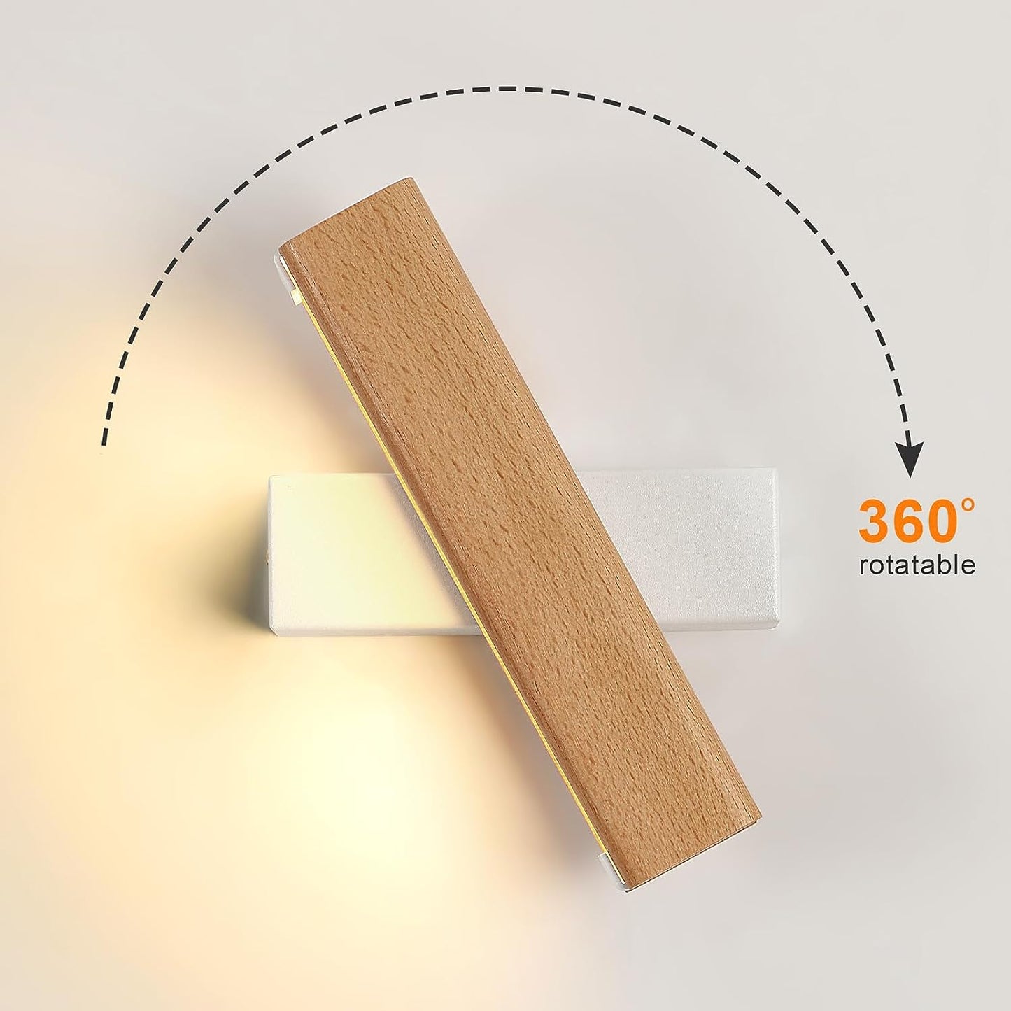 Applique Parete Legno, 4W Applique Da Parete Interno 360° Girevole, 3000K Lampada Da Parete a LED, Lampada a Muro in Alluminio per Soggiorno, Camera Da Letto, Corridoio, Base Bianca (21CM)