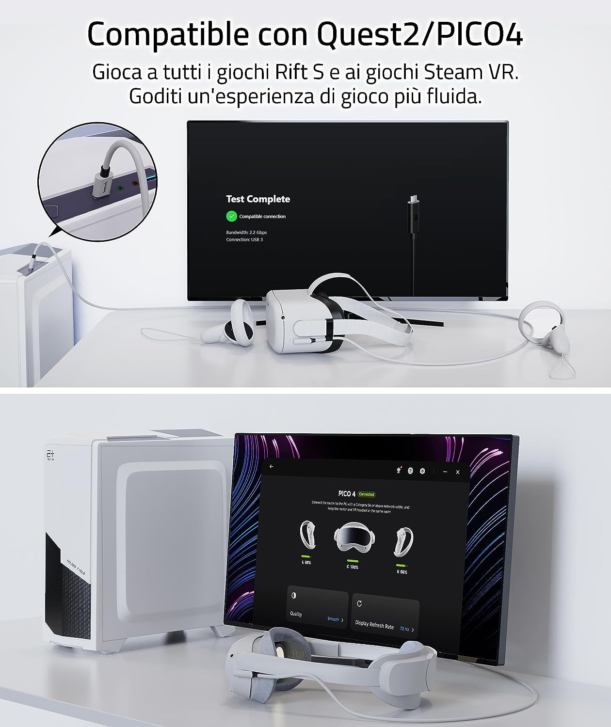 Cavo Link 6 Metri Compatibile Con Meta/Oculus Quest 3/2/Pro E Pico4/Pro Accessori, Trasferimento Dati PC Ad Alta Velocità, Link Cavo USB 3.0 a USB C per Visore VR E PC Da Gioco