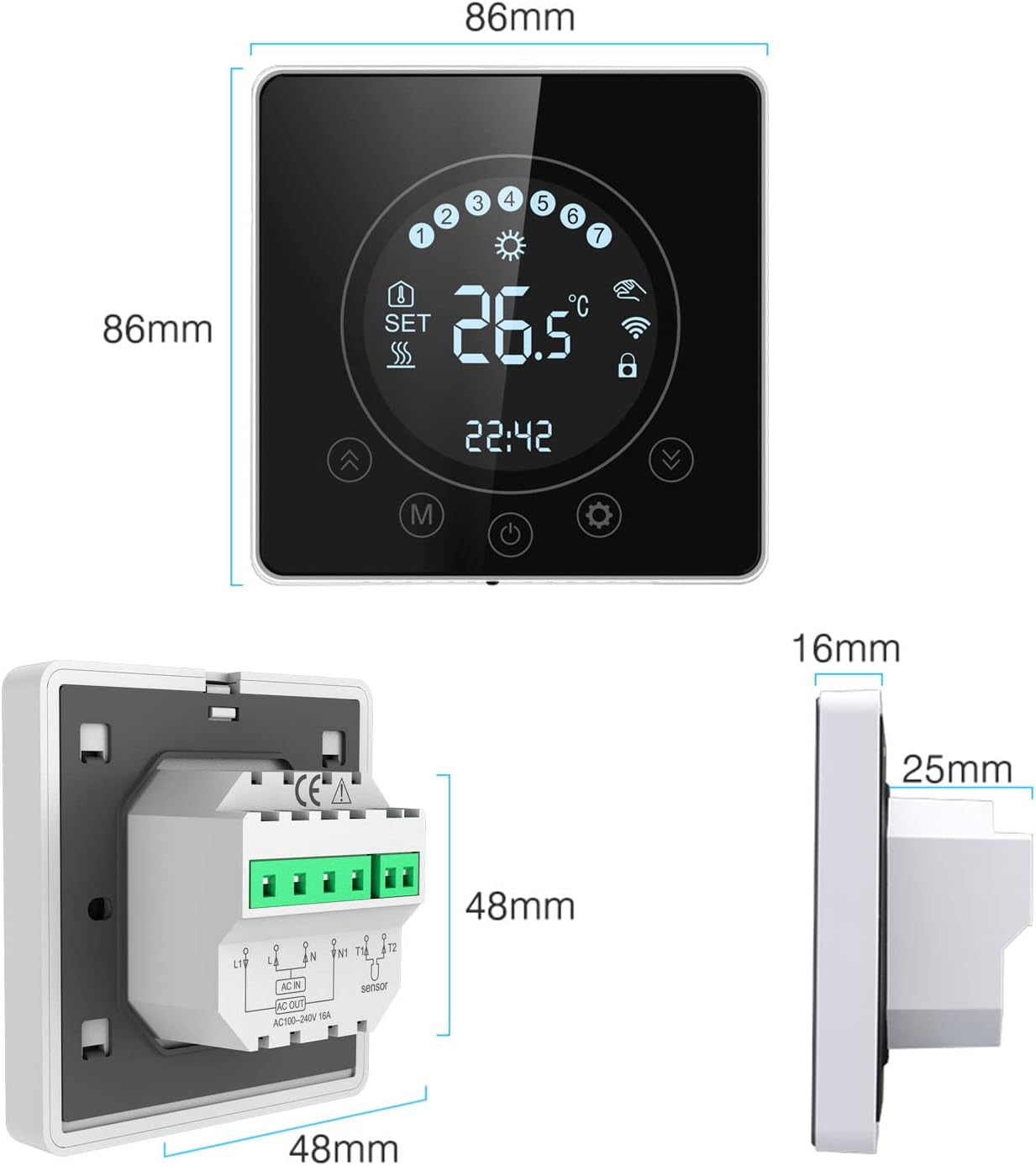 Termostato Intelligente Wifi, Display LCD, Touch Screen, Controllo Programmabile, Compatibile Con Alexa Google Home, Riscaldamento Elettrico a Pavimento per Casa, Scuola, Ufficio, Hotel