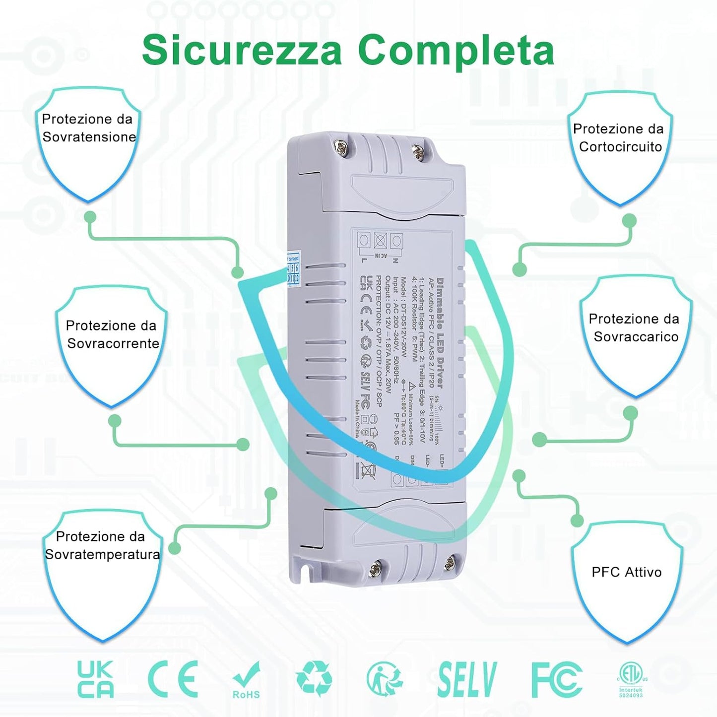 Trasformatore LED 12V 20W Dimmerabile, Triac & 0-10V&1-10V & PWM & Resistenza Da 100K, Alimentatore 12V 1.66A Di Tensione Costante, Driver LED AC 220V to DC Trasformatori Di Bassa Tensione