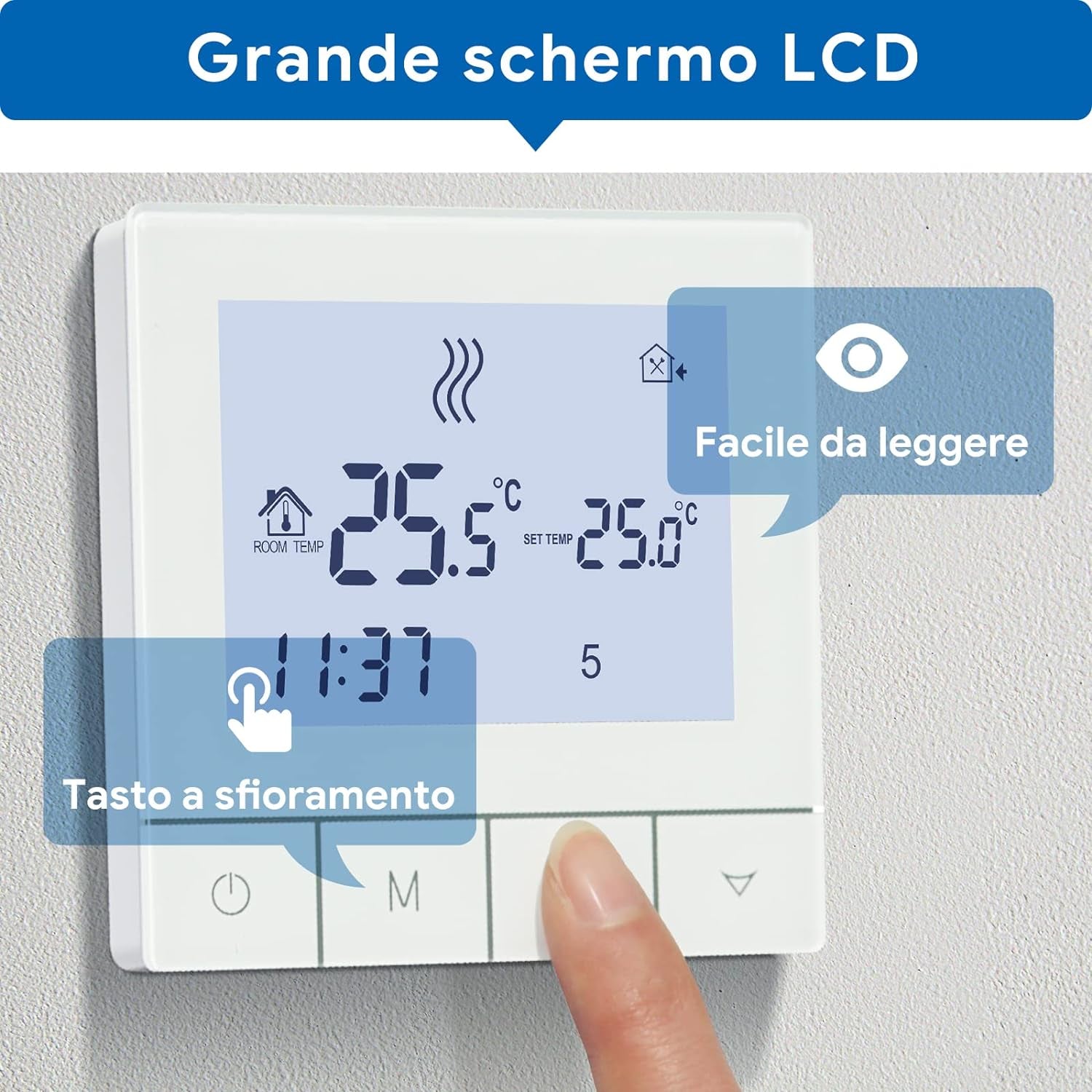 Termostato Ambiente Intelligente,Lcd Touchscreen Digitale Termostati Programmabile Settimanale per Riscaldamento a Pavimento Elettrico 16A TDS75-EP