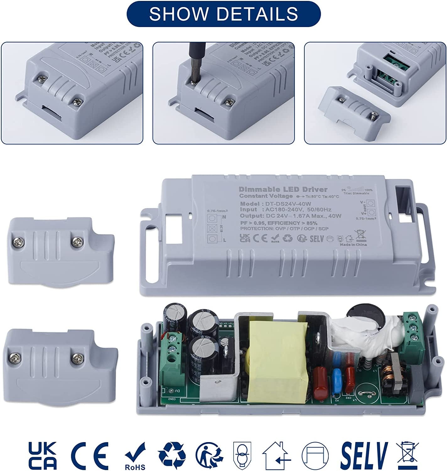 24V Alimentatore Dimmerabile TRIAC 40W 1.66A, Tensione Costante Trasformatore 180-240V AC Commutazione LED Driver Luci LED Adattatore per Strisce LED, Luce Dell'Armadio E G4 MR11 MR16